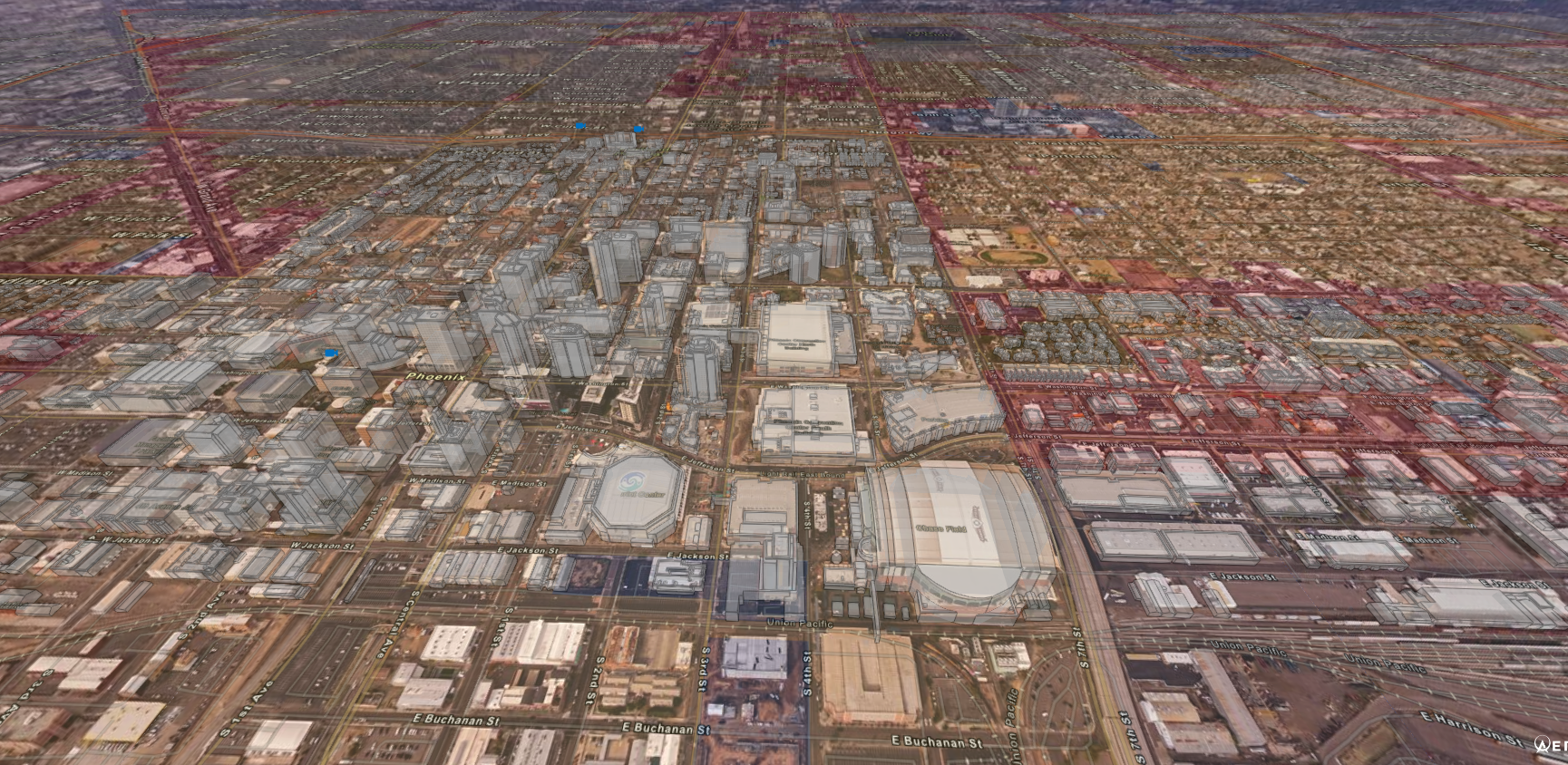 3D models overlaid with AerialSphere imagery and zoning data in Downtown Phoenix.